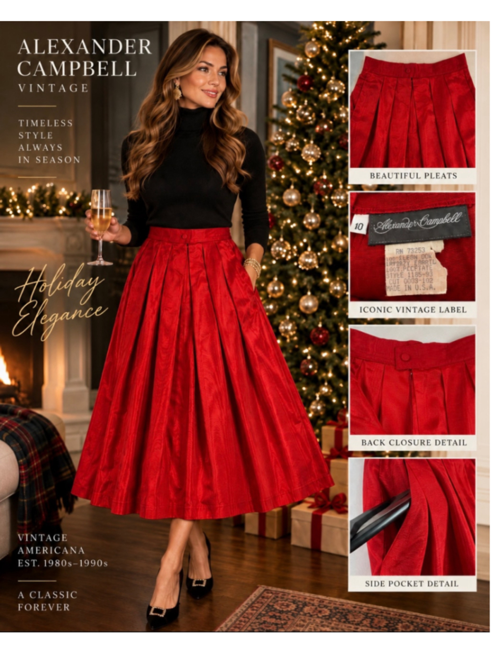 Vintage 80s Alexander Campbell Red Pleated Midi Skirt Holiday Party USA Size 10